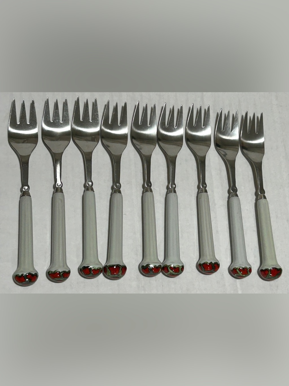 White-Handled Dessert Forks with Red Heart Accents - Set of 8